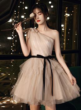 Picture of Champagne One Shoulder Tulle Short Party Dresses, Short Homecoming Dress